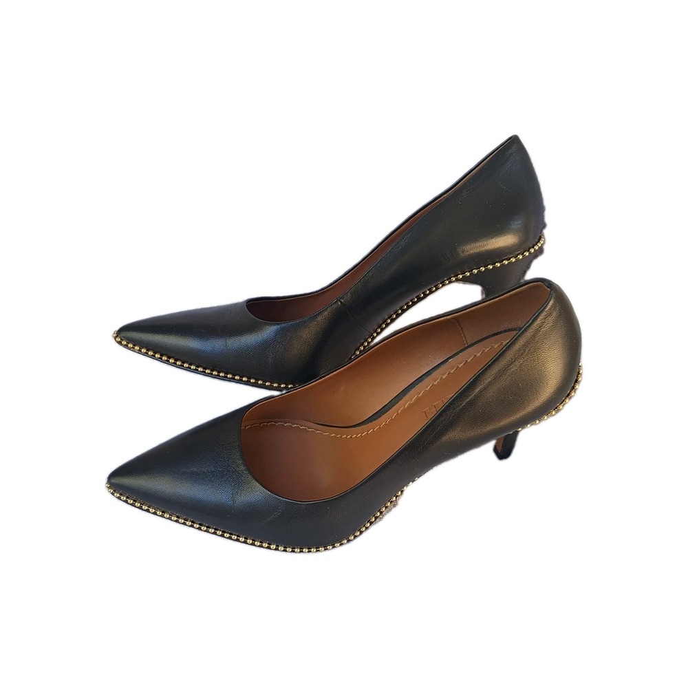 COACH Waverly Black Leather Gold Bead Chain Trim Stiletto Pumps Heels Womens 10